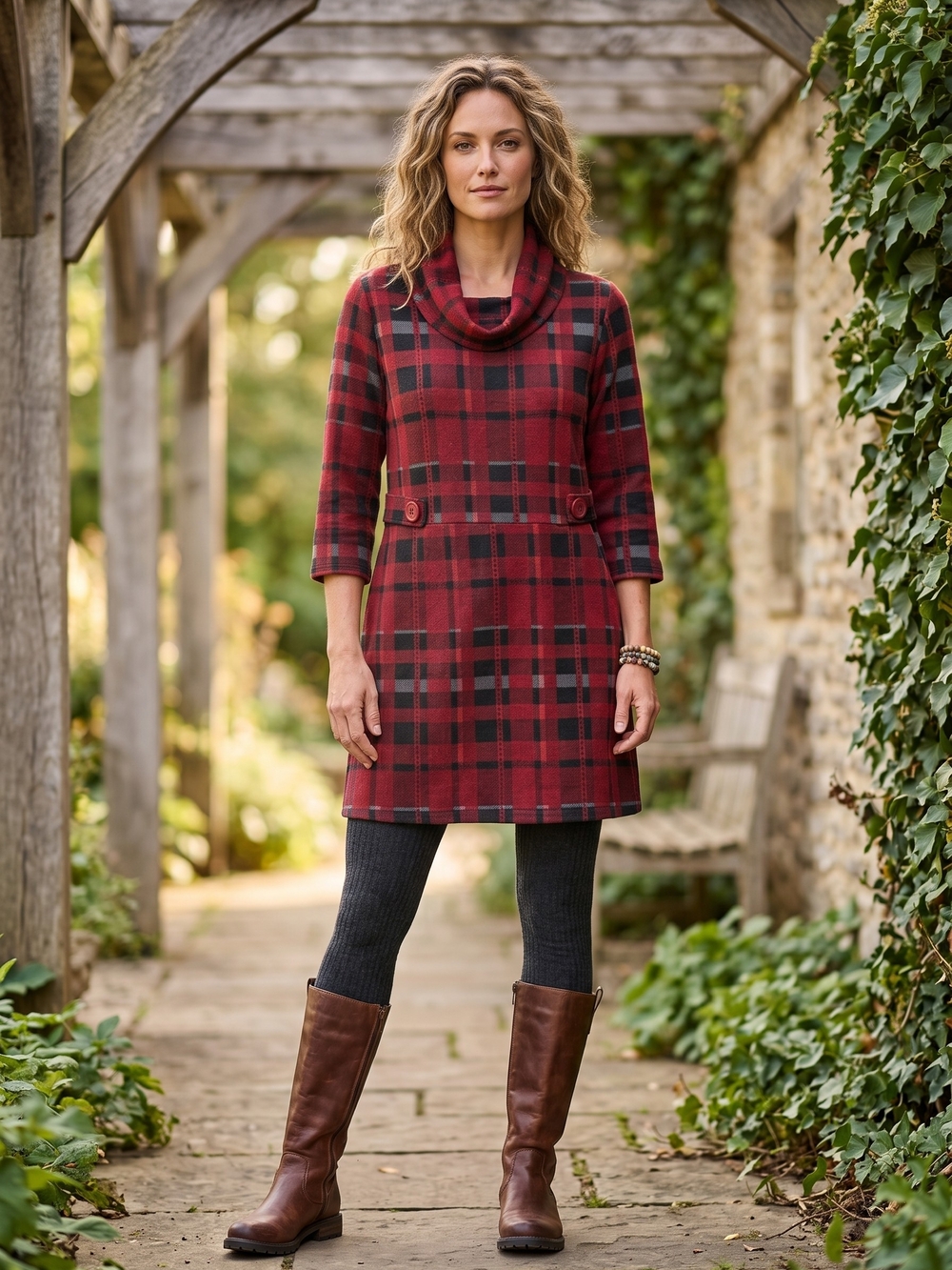 Papillon Red Plaid Cowl Neck Tunic Sweater Dress Dark Academia Mod Preppy